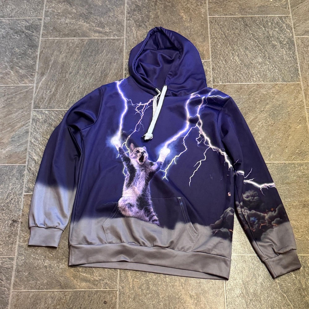 Men's Blue Lightning Cat Hoodie